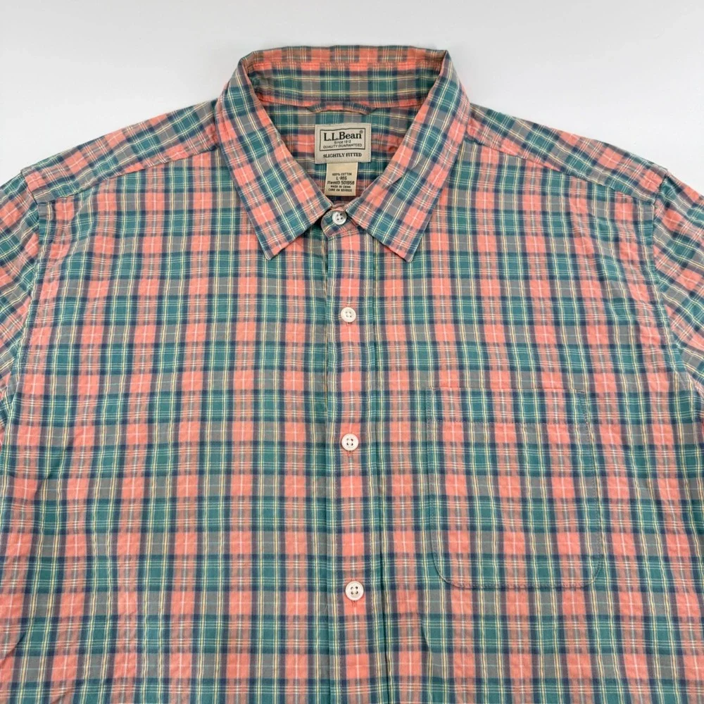 LL Bean Button Down Shirt Mens L Pink Green Plaid Cotton Short Sleeve Fitted